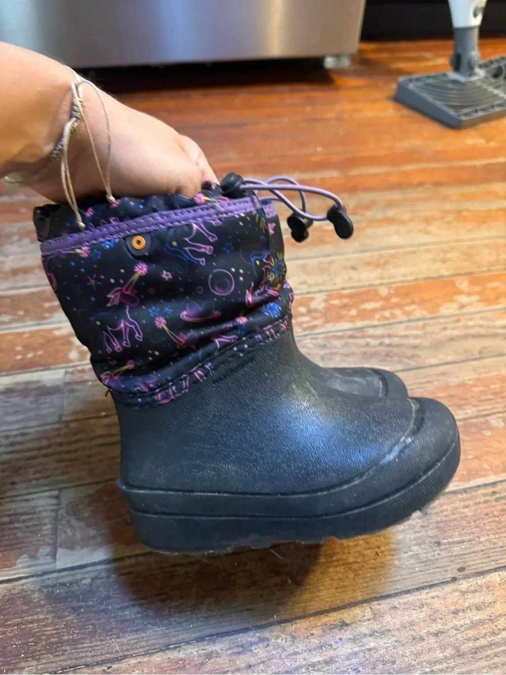 Bogs Kids Black and Purple Unicorn Rain Boot with Drawstring Cuff